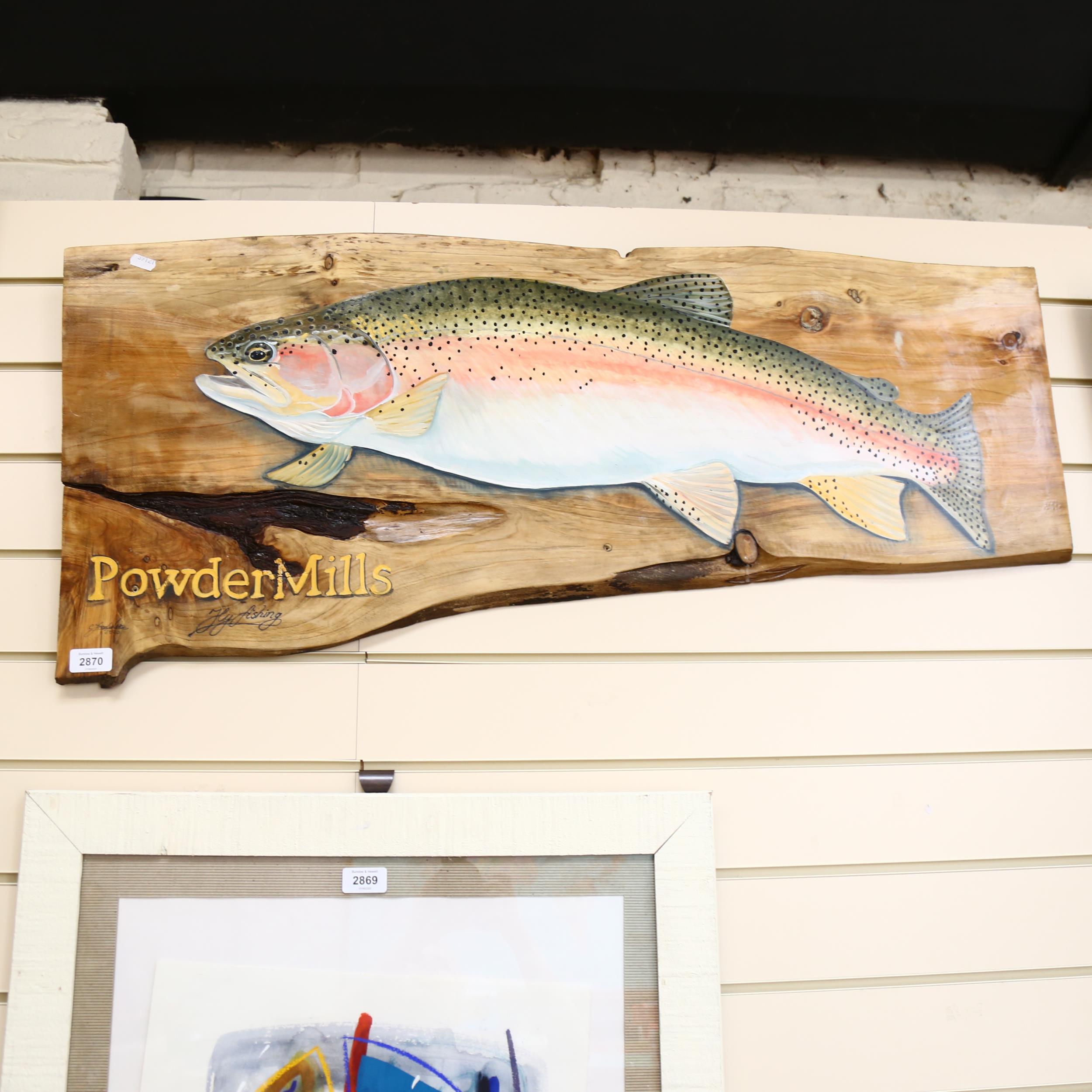 Clive Fredriksson, oil on pine board, "Powdermills trout", L100cm