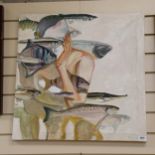 Clive Fredriksson, oil on canvas, man amongst fish, 60cm x 66cm overall, unframed