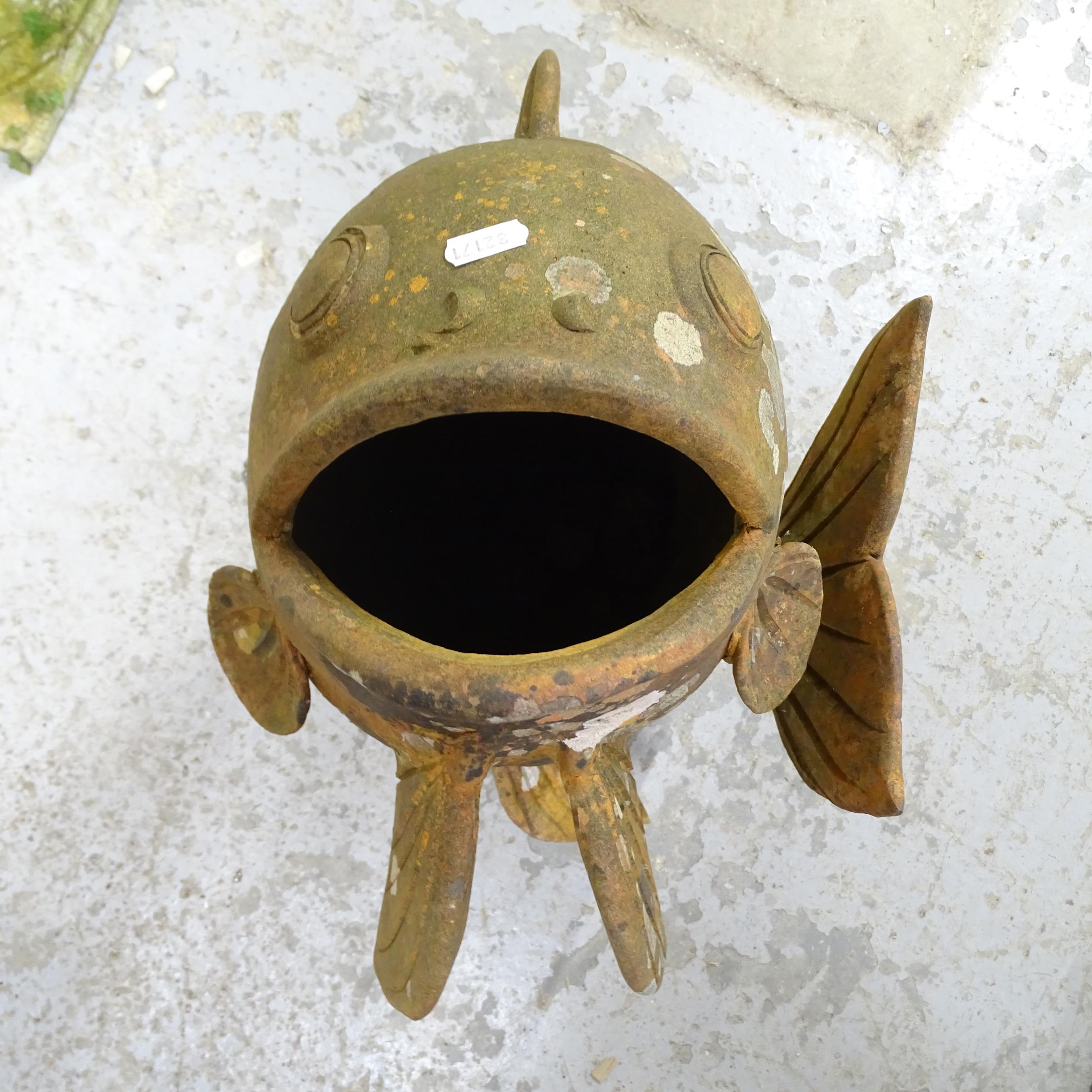 A weathered terracotta carp fish garden ornament. Height 54cm. - Image 2 of 2