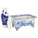 A Japanese blue and white porcelain planter, 30 x 20cm (A/F), a transfer printed blue and white