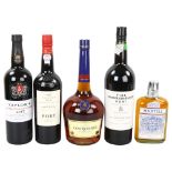 3 bottles of Port, bottle of VS Courvoisier Cognac, and a bottle of Martell Cognac (5)