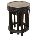 A nest of 4 Chinese circular hardwood occasional tables, with carved friezes, largest table diameter