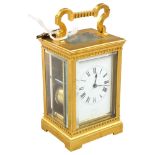 A good quality French gilt-brass cased carriage clock, 8-day movement striking on a gong, retailed