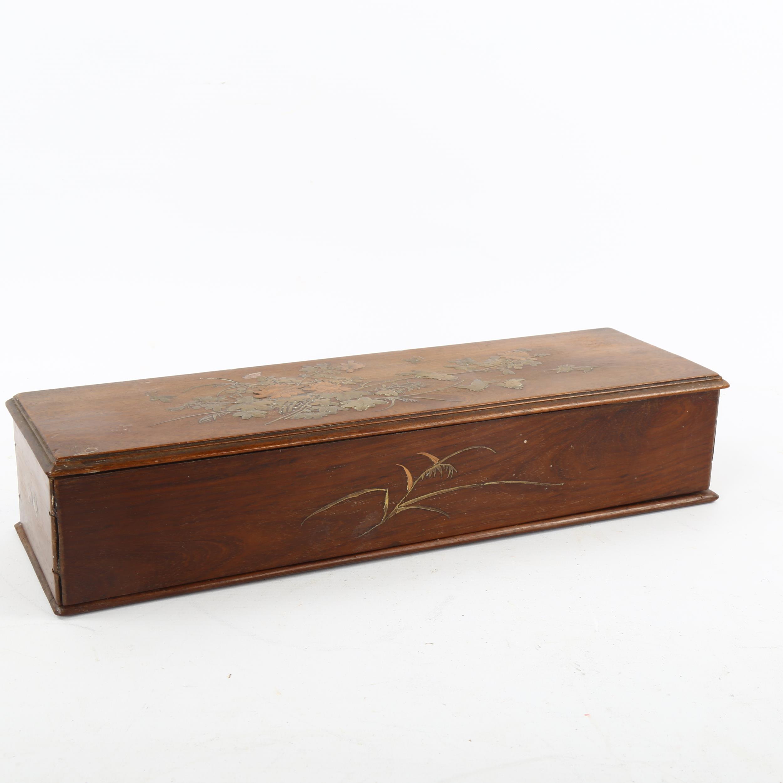 A Japanese Meiji Period hardwood box, with inlaid copper brass and mother-of-pearl decoration, 36 - Image 2 of 3