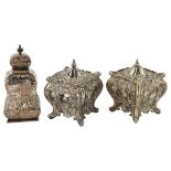 A pair of 19th century electroplate tea caddies in Rococo style, height 11cm, and a silver plate