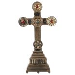 A large Arts and Crafts electroplate and gemstone set cross, height 68cm