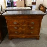 A 19th century walnut commode, with crossbanded veneer to drawer sections, and black marble top,