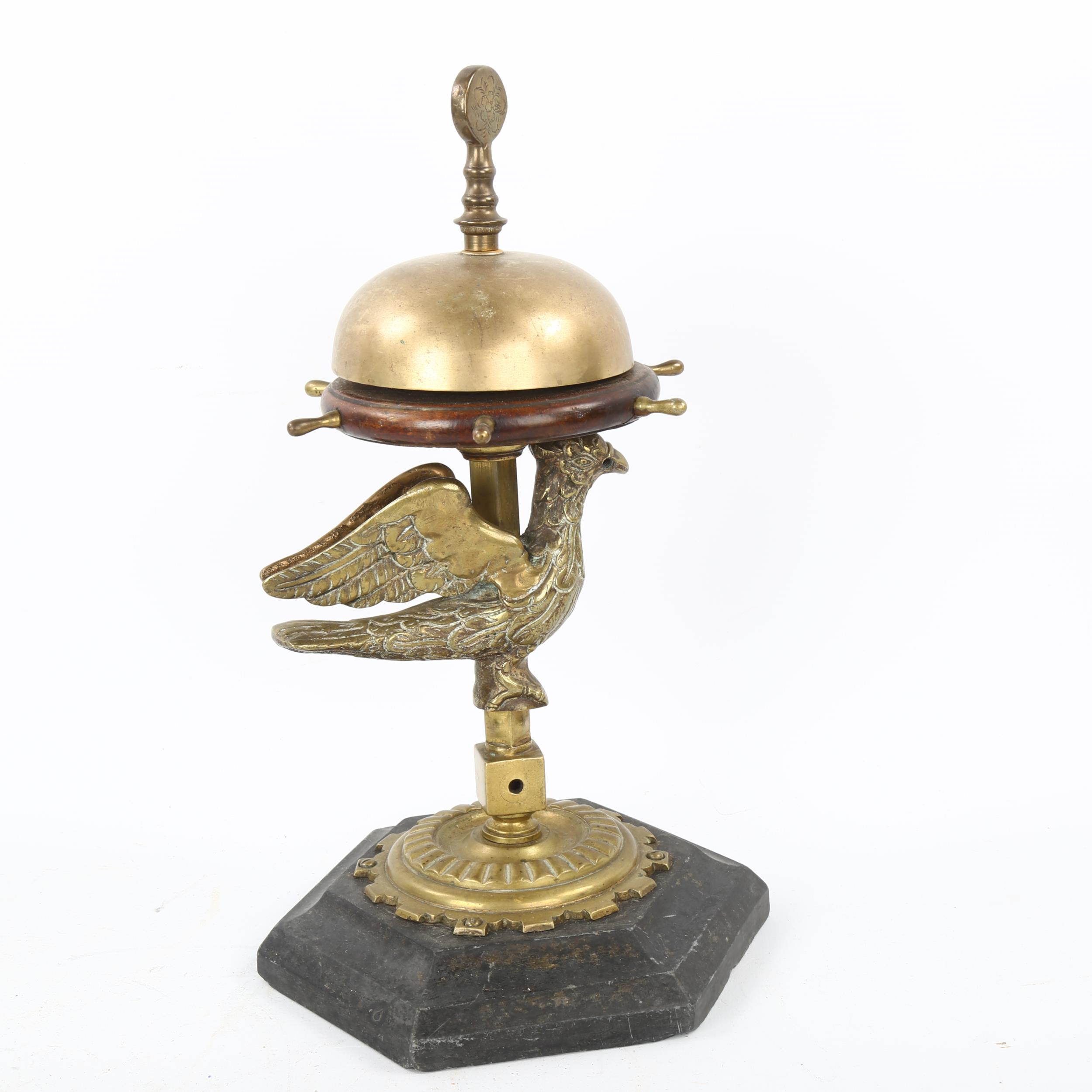 A large Victorian brass and mahogany desk-top bell, operated by a brass and mahogany ship's wheel - Image 2 of 3