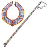A Massai Samburu multi-strand bead collar necklace, and beadwork stick (2)