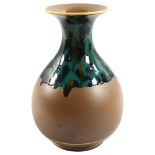 A Minton baluster vase with brown mat finish and green drip glaze, indistinctly impressed Minton and