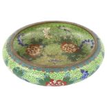 A Japanese green ground cloisonne enamel bowl, diameter 29cm Good condition, no dents or repairs