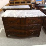 A Continental serpentine-front walnut commode, with brown/white marble top, 2 small top drawers over