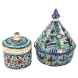 2 Moroccan Islamic pottery lidded bowls, largest height 20cm Bowl with conical lid has a chip to the
