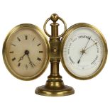 A French brass-cased combination desk clock/barometer with ring handle, probably early 20th century,