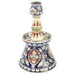 A Portuguese pottery candlestick with painted decoration, height 28cm 1 chip to the top rim other