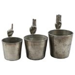 A set of 3 unusual pewter finger spirit measures, by James Dixon & Sons, circa 1920