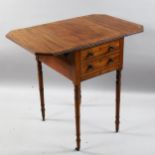 A George IV mahogany drop-flap work table with 2 drawers, on turned brass casters, height 72cm,