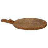 Robert Mouseman Thompson, oak cheese board with carved mouse design handle, length 40cm Good