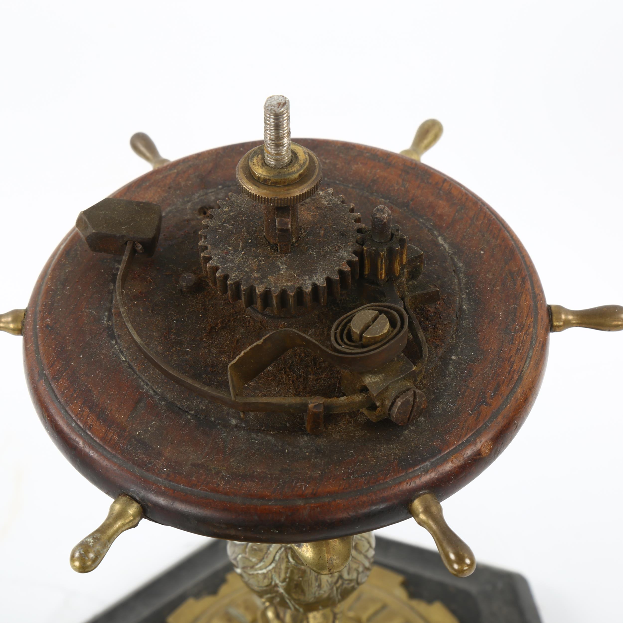 A large Victorian brass and mahogany desk-top bell, operated by a brass and mahogany ship's wheel - Image 3 of 3