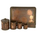 A Victorian brass and copper desk tray, 29 x 22cm, with matching cylindrical pots and smaller