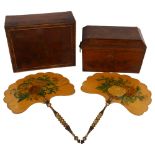 2 Georgian mahogany boxes, and a pair of hand painted face screens with giltwood handles (4)