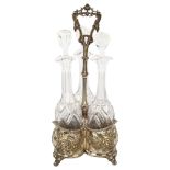 A 19th century electroplate and cut-glass 3-bottle decanter stand, height 46cm Plating is worn/