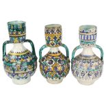 3 x 19th century Moroccan Islamic pottery Fez 2-handled vases, largest height 25cm (3) All 3 have