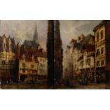 Pair of 19th century oils on oak panels, street scenes, unsigned, 29cm x 22cm, unframed Good