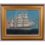 Oil on board, 3-masted sailing ship, the Roxburghshire, 45cm x 58cm, framed Paint craquelure all