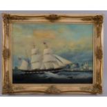 Contemporary oil on canvas, sailing ships in harbour, further information verso, 45cm x 60cm, framed