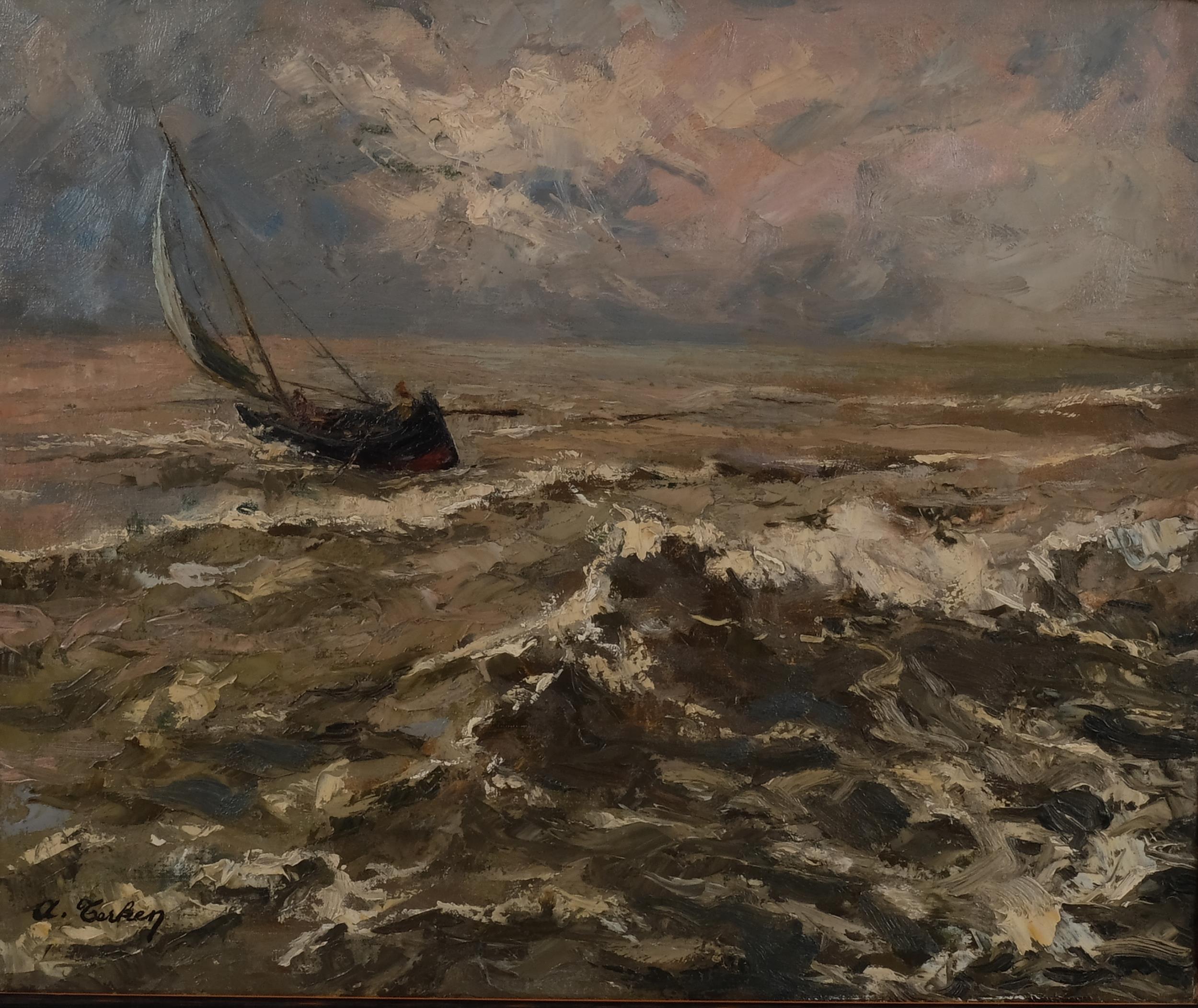 Albert Terken (1919 - 1992), boat on rough seas, oil on canvas, signed, 50cm x 60cm, framed Good