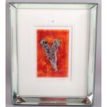 Amanda Jones, contemporary fused glass abstract sculpture in mirrored frame, overall frame