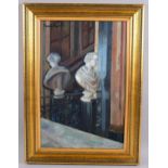 Karen Popham (born 1956), marble bust on a staircase, oil on canvas, 1991, signed, 61cm x 40cm,