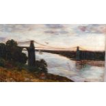 William Davies (1826 - 1901), study of the Menai Bridge, oil on canvas, 47cm x 81cm, unframed,