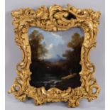 19th century English School, figure in mountainous landscape, oil on panel, unsigned, ornate gilt-