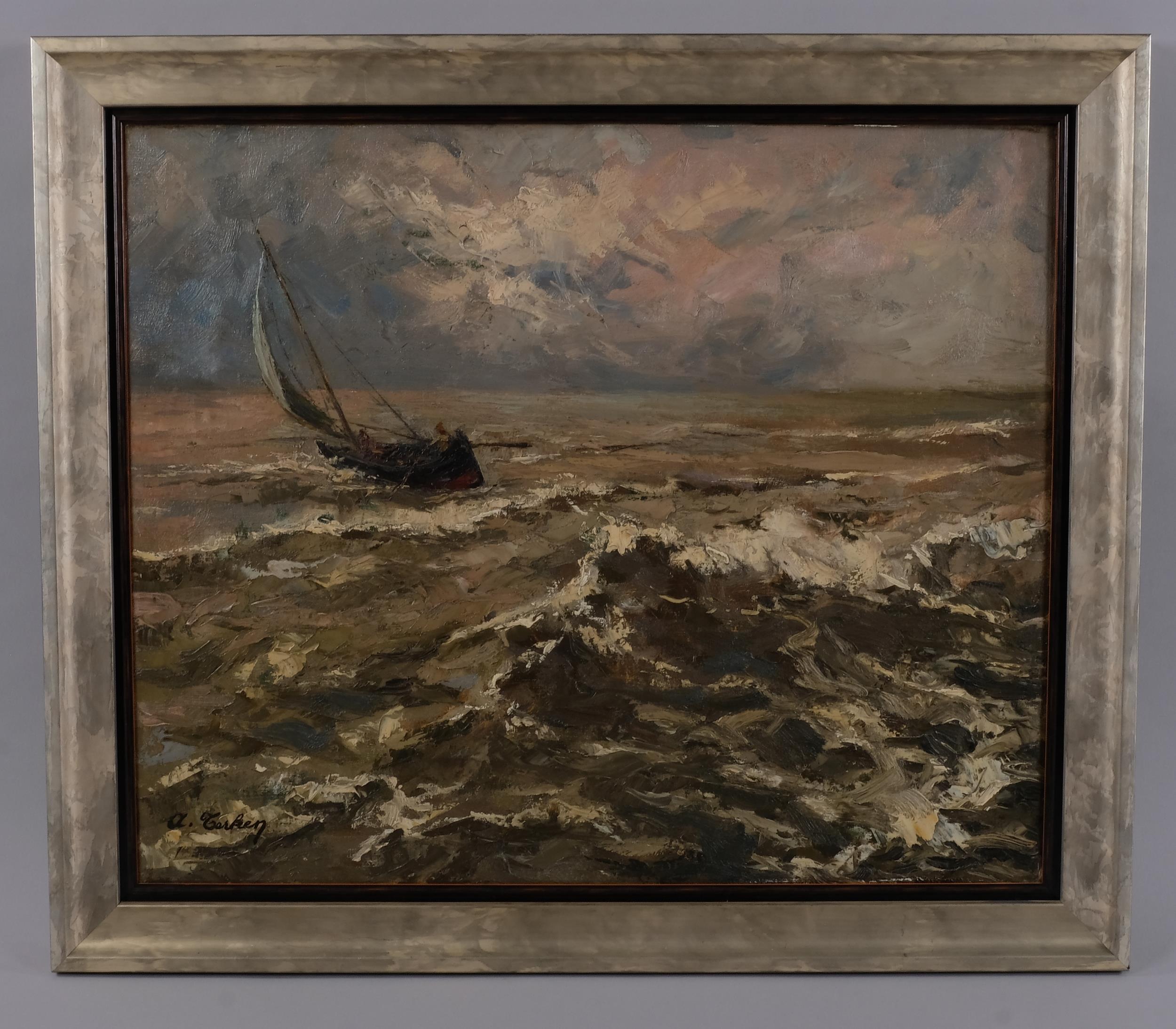 Albert Terken (1919 - 1992), boat on rough seas, oil on canvas, signed, 50cm x 60cm, framed Good - Image 3 of 4