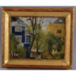 20th century British School, townhouses and gardens, signed with monogram LP, 1970, oil on board,