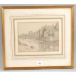 Richard Sayers, river scene, Boston Lincolnshire, pencil/crayon, 16cm x 22cm, framed Very slight