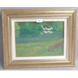Contemporary Japanese School, lake scene, oil on board, signed with seal, 23cm x 32cm, framed Good