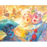 Aldo Luiz, contemporary study of clowns, oil on canvas, 2001, signed, 78cm x 100cm, framed Good