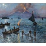 20th century oil on board, view towards Mount Vesuvius erupting, unsigned, 43cm x 50cm, framed