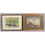 Geoffrey Leeson, 2 impressionist scenes, watercolours, signed, 23cm x 31cm, framed Good condition