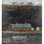John Brown (Scottish b.1945), abstract buildings, oil on canvas, unsigned, inscribed on frame John S