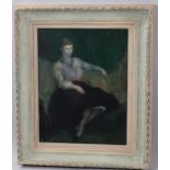 20th century oil on canvas, seated portrait of a woman, unsigned, 41cm x 31cm, framed Good condition
