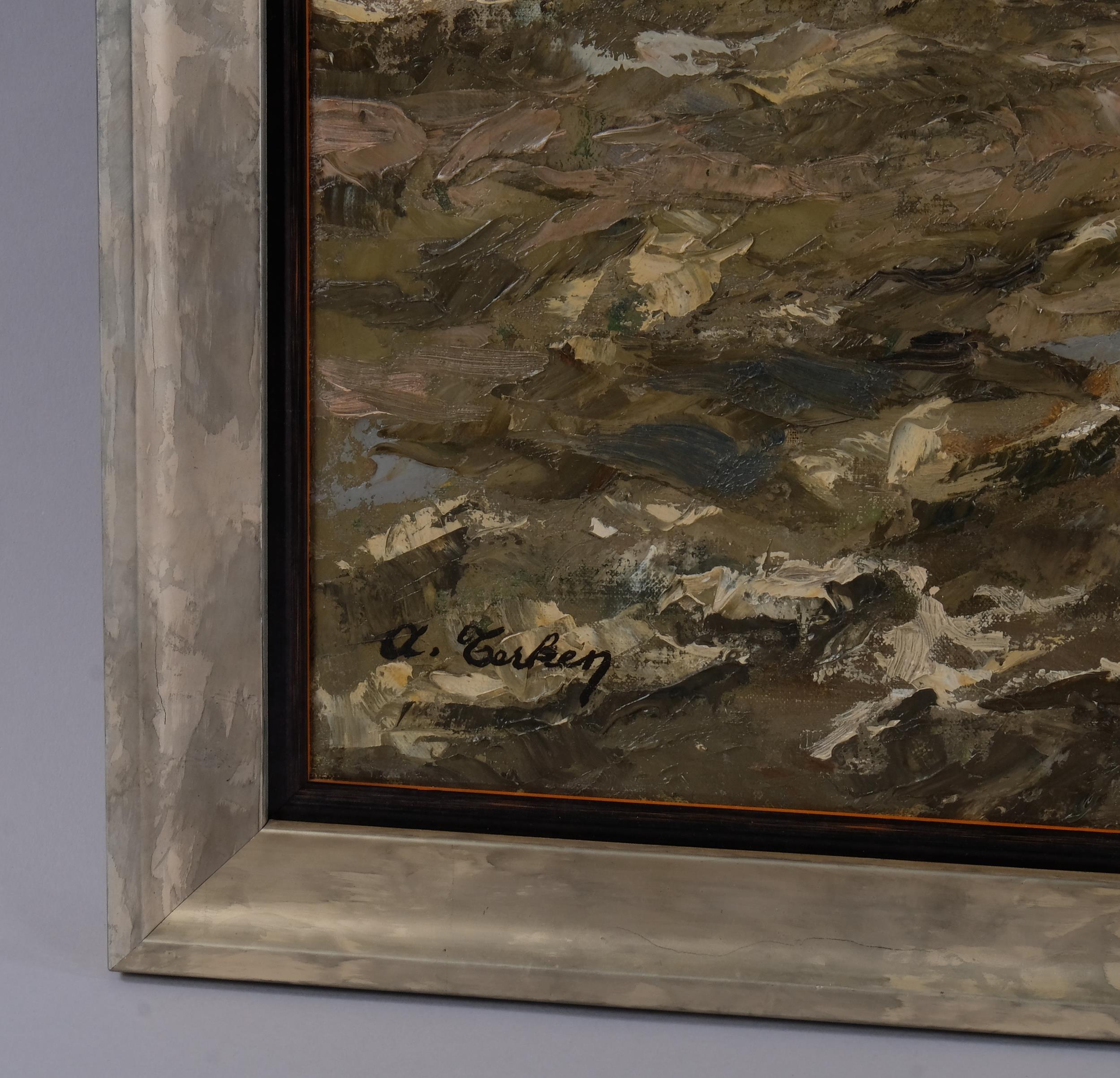 Albert Terken (1919 - 1992), boat on rough seas, oil on canvas, signed, 50cm x 60cm, framed Good - Image 2 of 4
