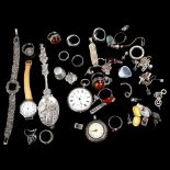 Various silver jewellery, including wristwatch, amber ring, spoon, thimble etc Lot sold as seen