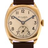 THOMAS RUSSELL & SON - a Vintage 9ct gold mechanical wristwatch, silvered dial with painted black