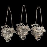 A set of 3 Portuguese silver plated decanter labels, relief embossed leaf and grape design,