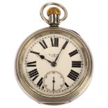ELGIN - an American stainless steel open-face keyless railway pocket watch, white enamel dial with