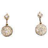 A pair of Continental diamond cluster drop earrings, unmarked gold and silver settings with French